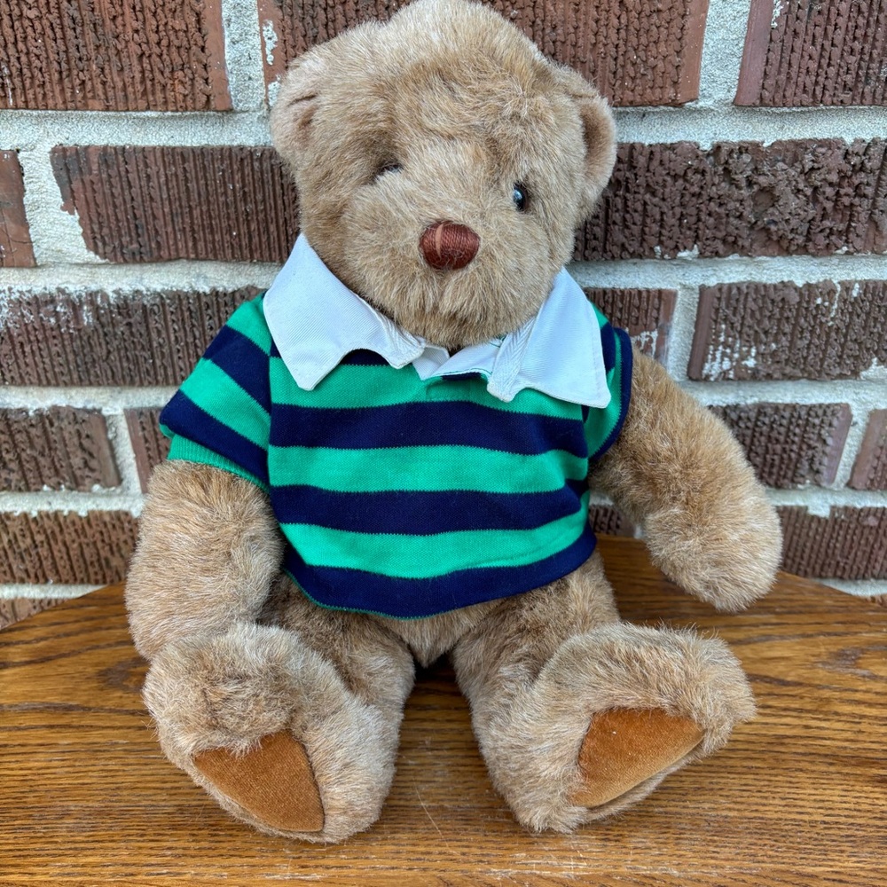 LANDS’ END Rugby Teddy Bear ORIGINAL Blue Green Striped 1989 By Gund